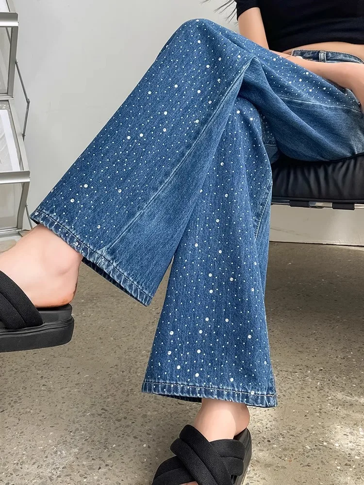 

Fashion Diamond Studded Women's Jeans Gradient Color High Waist Straight Denim Pants Spring Autumn Casual Trousers
