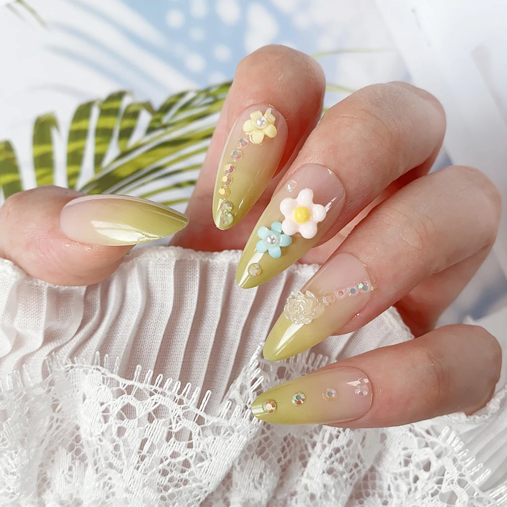 24 pçs gradiente amêndoa francês unhas falsas primavera flor design capa completa extensão de unhas falsas wearable imprensa em unhas para mulher
