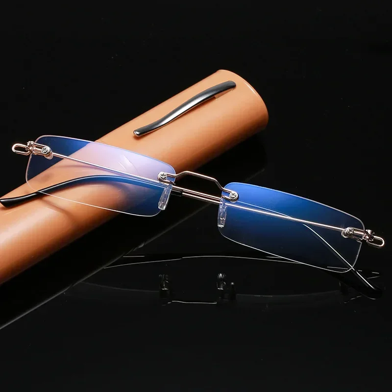 Fashion Rimless Anti-blue Reading Glasses Men Anti-fatigue Presbyopic Glasses with Case Blue Light Computer Grade Glasses Women