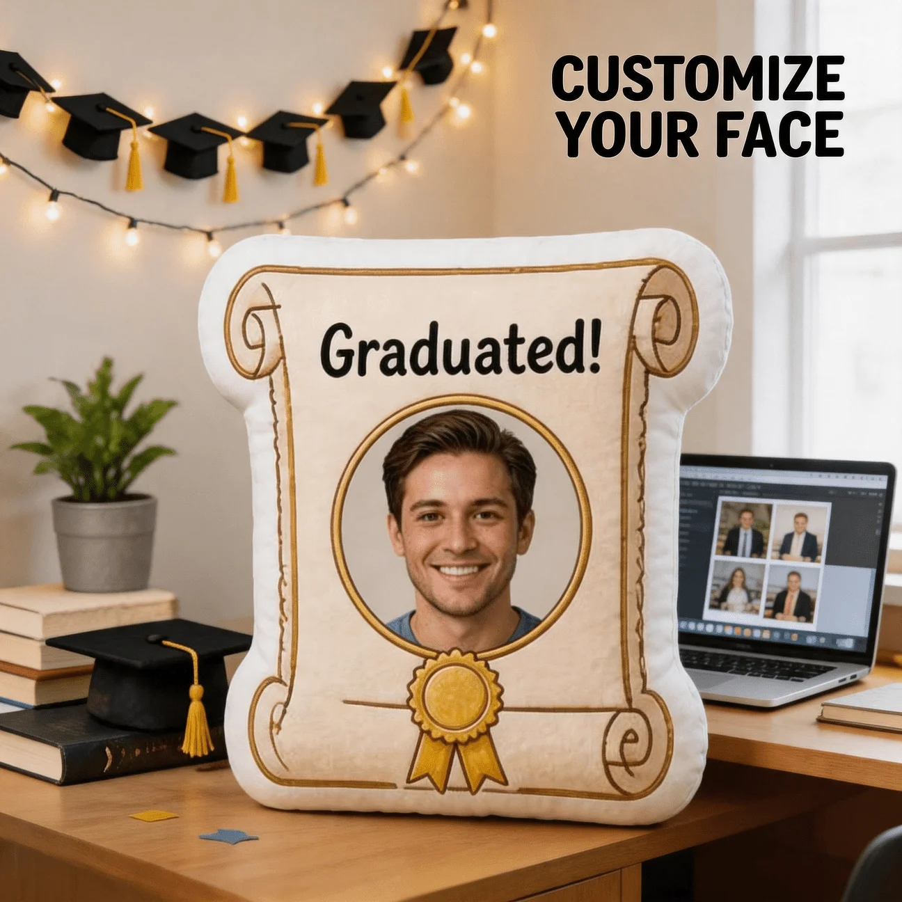 Custom Graduation Photo Shaped Pillow, Personalized Face Decorative Cushion with Diploma Design, 70CM Accent Pillow for Sofa & B
