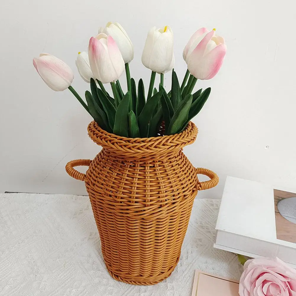 Woven Rattan Vase Country Style Woven Flower Basket Handwoven Floral Container for Dining Table Centerpieces Home Decor
