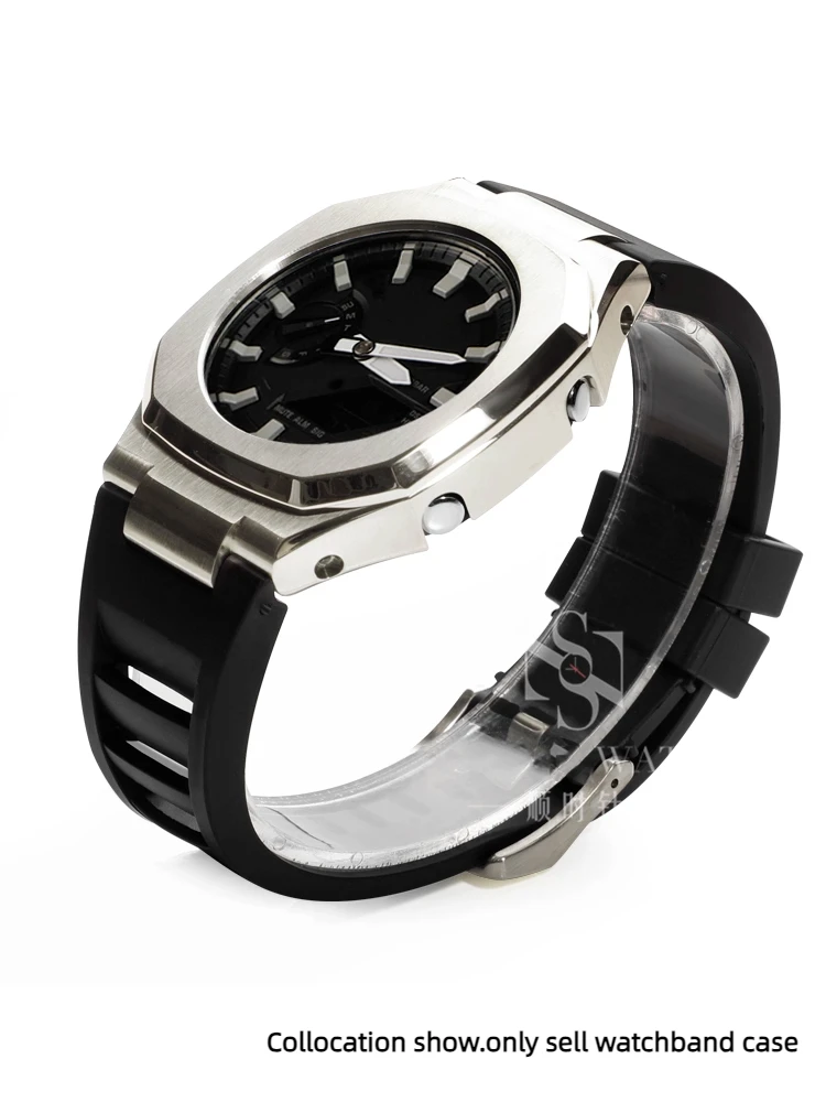 طقم عصري لساعة كاسيو G-SHOCK GA-2100 2110 B2100 حافظة من الفولاذ المقاوم للصدأ معدلة FKM حزام مطاطي فلوري أجزاء سوار معدني للرجال