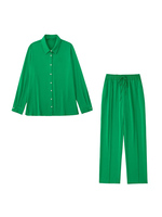KUCLUT Women Fashion 2 Piece Set Green Single Breasted Shirts & Vintage Elastic Waist Trousers Female Chic Lady Pants Sets