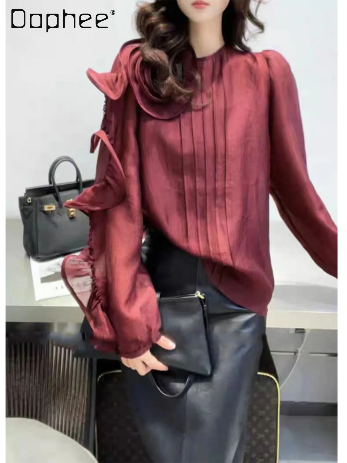 Elegancka damska koszula z długim rękawem, wiosenna, nowa europejska moda, francuska, luksusowa, trójwymiarowe kwiaty, luźna, wyszczuplająca koszula.