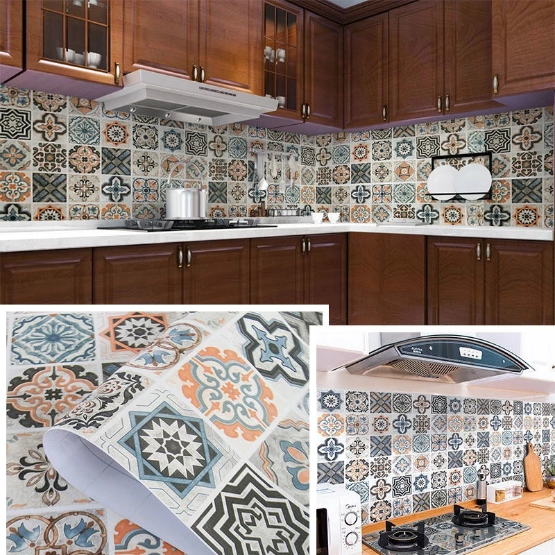 

PVC Floor Sticker Kitchen Oil-proof Waterproof Wallpaper Vinyl Self-Adhesive Stove Cabinet Stickers DIY Bathroom Wallpaper Decor