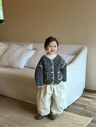 Children's Retro Style Blue Floral Quilted Edge Wrapped Cotton Jacket for Girls Fashionable and Versatile