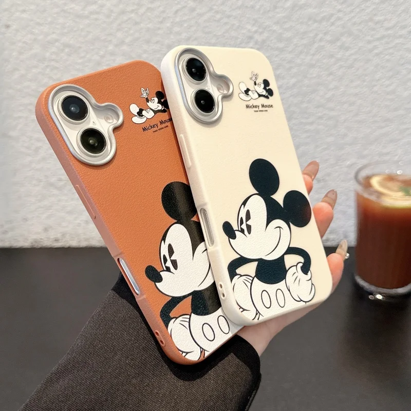 

Cute Cartoon Mickey Mouse Leather Phone Case for iPhone 16pro 15 14 13 12 11 16 Pro Max polka dot panda Soft Cover Funda