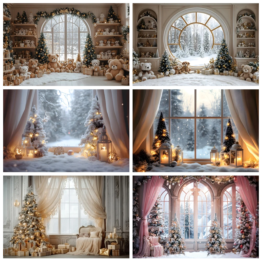 

Merry Christmas Backdrop for Photography Xmas Tree Gift Toy Bear Window Family Party Decor Kids Portrait Background Photo Studio