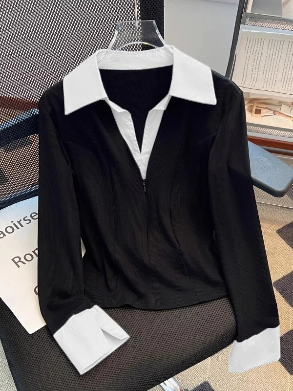 

Женская удлиненная блузка с V-образным вырезом, имитация двухслойного дизайна, осенняя модная повседневная свободная модель, трендовая, маленький размер