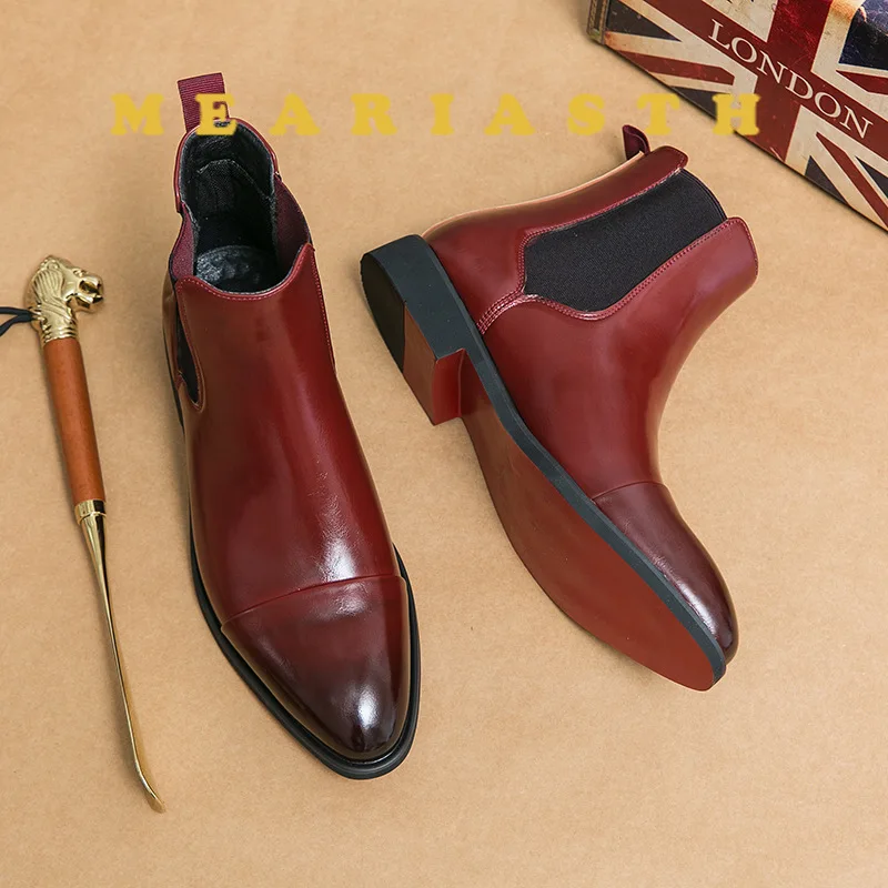 أحذية رجالية الأعمال حذاء من الجلد الأحمر وحيد أشار تو فستان الأحذية البريطانية عالية أعلى أحذية من الجلد الانزلاق على الرجال عادية تشيلسي التمهيد