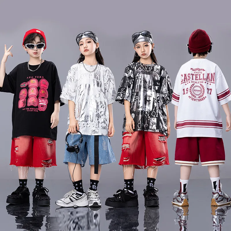 

Kids Street Dance Hip Hop Clothing Girls Boys Loose Short Sleeves T Shirt Shorts Casual Rave Clothes Sets Fashion Practice Wear