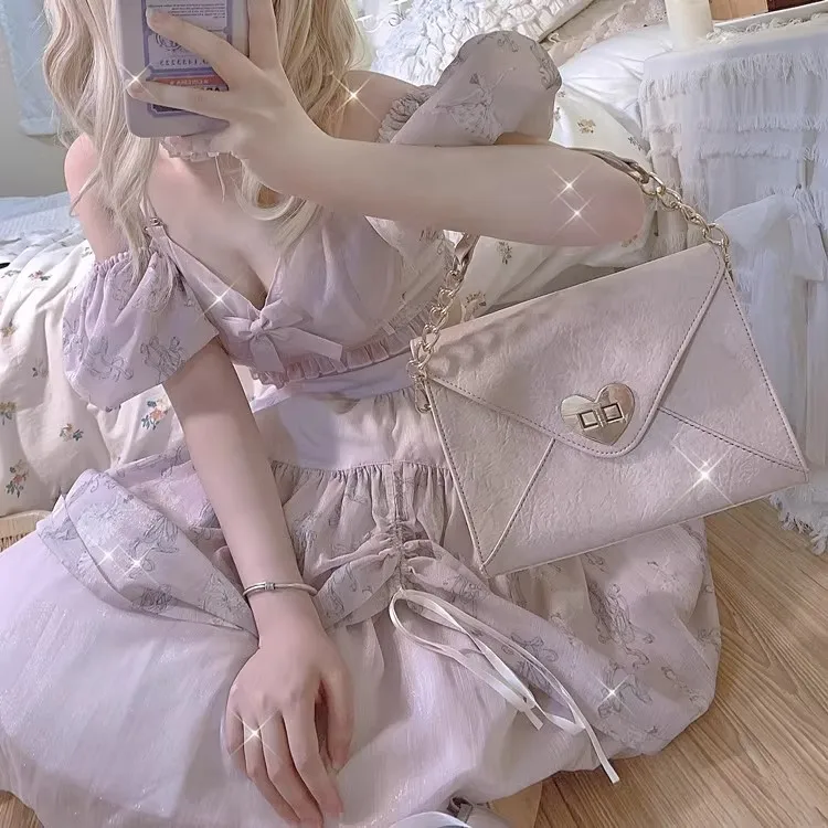 

JIAERDI French Vintage Paper Envelope Bag Women Lolita Romantic Aesthetic Elegant Handbag Ladies Square Leather Pleated Luxury