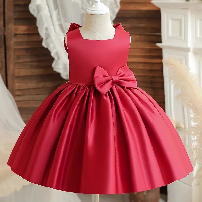 Baby Girls Birthday Party Baptism Princess Dress Big Bow Sweet Solid Color Elegant Dress Baby New Year Christmas Party Clothes