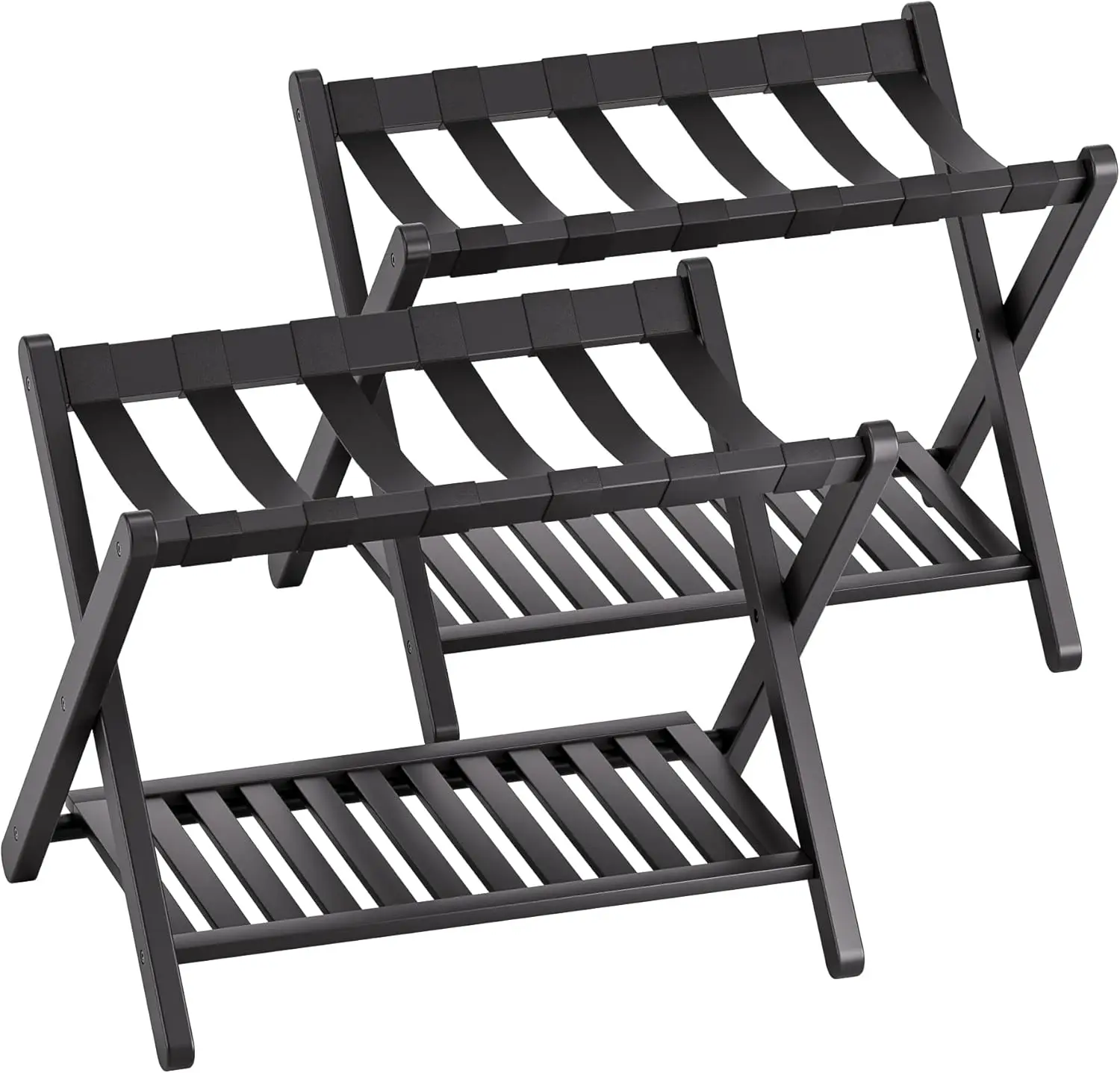 Luggage Rack, Set of 2, Foldable Bamboo Suitcase Stand with Storage Shelf for Guest Room, Bedroom, Hotel, Heavy-Duty (Black)