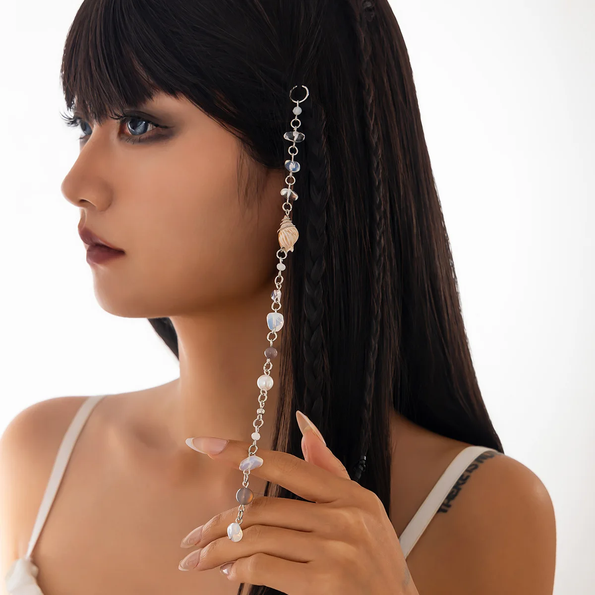Süße Kühle Wind Unregelmäßige Lange Kette Stein Perle Legierung Geflecht Haar Ring frauen Haar Ring Conch Perle Anhänger Haar Zubehör geschenk