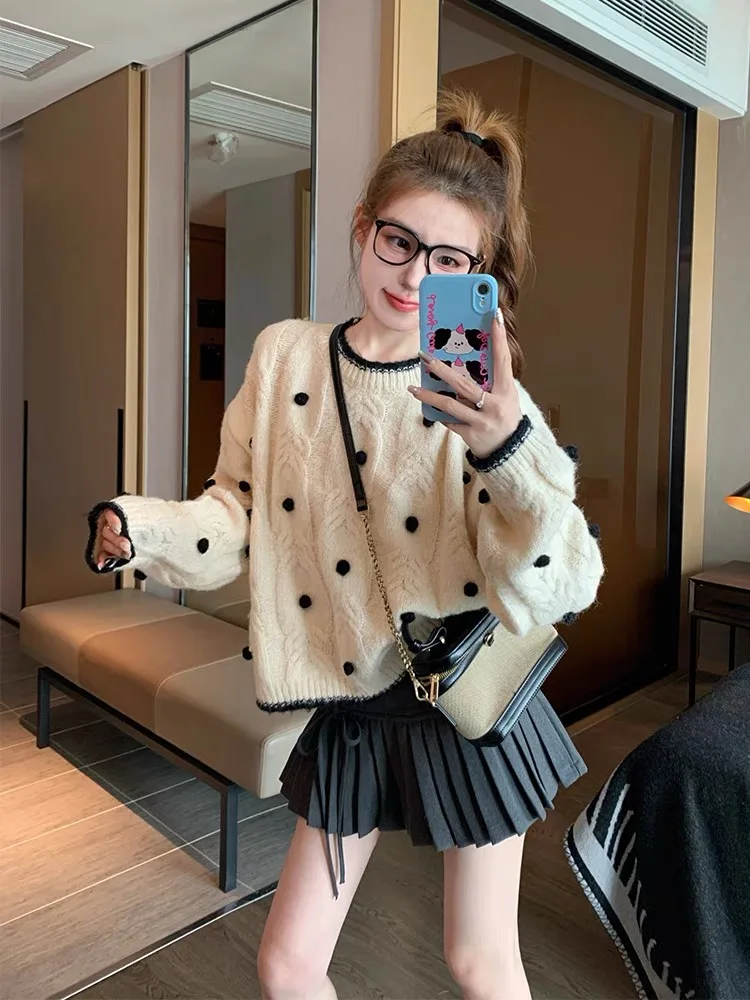 

Мягкий уютный женский вязаный свитер, осень-зима, круглый, с узором Ne Twist, винтажный, повседневный, милый, из полиэфирного волокна