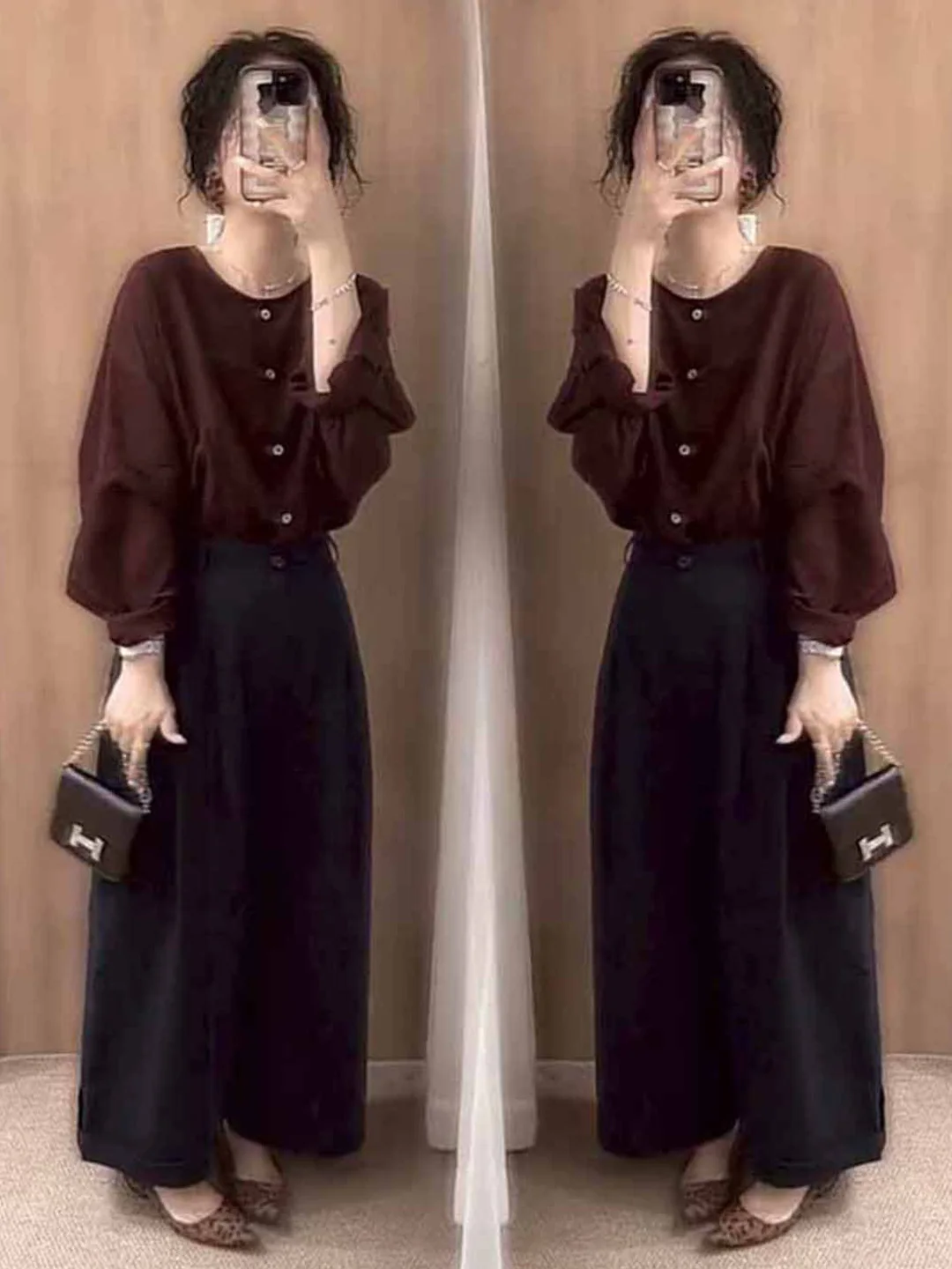 

Early Autumn Vintage Long Sleeve Shirt Women's High Waist Wide Leg Pants Two-Piece Set Simple Design Fashionable Casual Wear