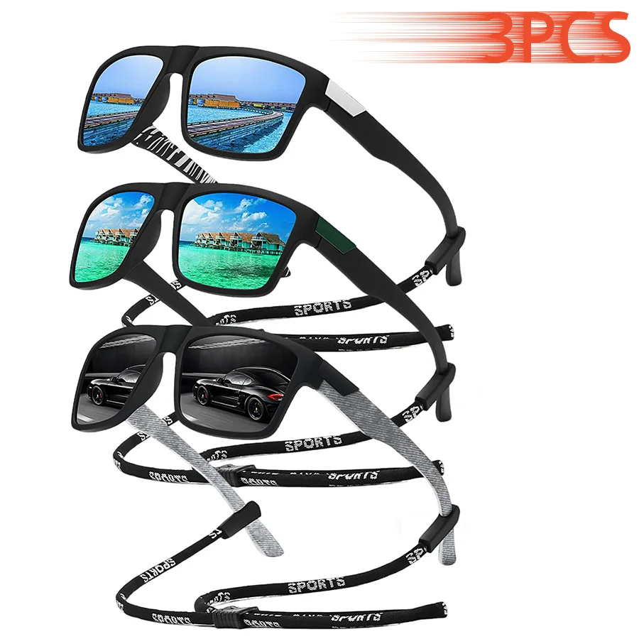 3PCS Neu mit Kette Sport-Sonnenbrille Bunte Gläser Unisex geeignet zum Fahren, Angeln, Outdoor-Schutzbrille