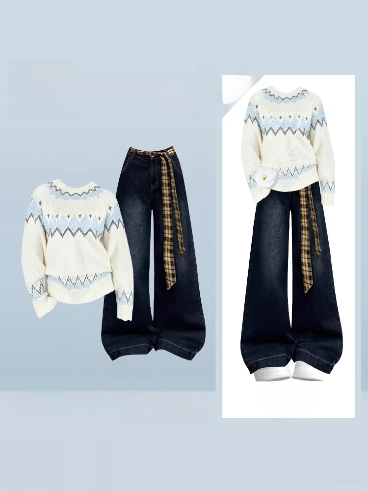 

Korean Retro Lazy Knitted Sweater Wide Leg Jeans Winter Slimming Elegant Style Women's Fashion Set High Waist Long Pants