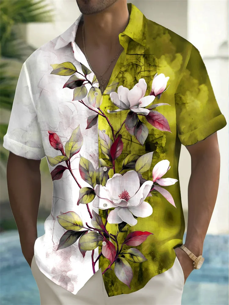 3D printed flowers men's short-sleeved casual shirt men's spring and autumn trendy shirt casual party club clothing
