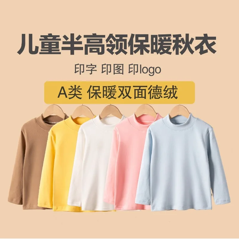 Kids T-shirts Autumn Winter Velvet Tees for Boys Long-sleeved Girls Bottom High Neck Teenager Tees Baby Undershirts Clothes