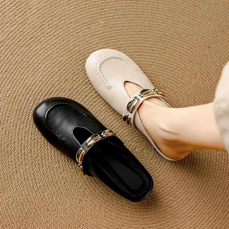 2026 new summer women sandals natural leather 22-25cm cowhide+sheepskin round toe hollow-out buckle mules women slippers