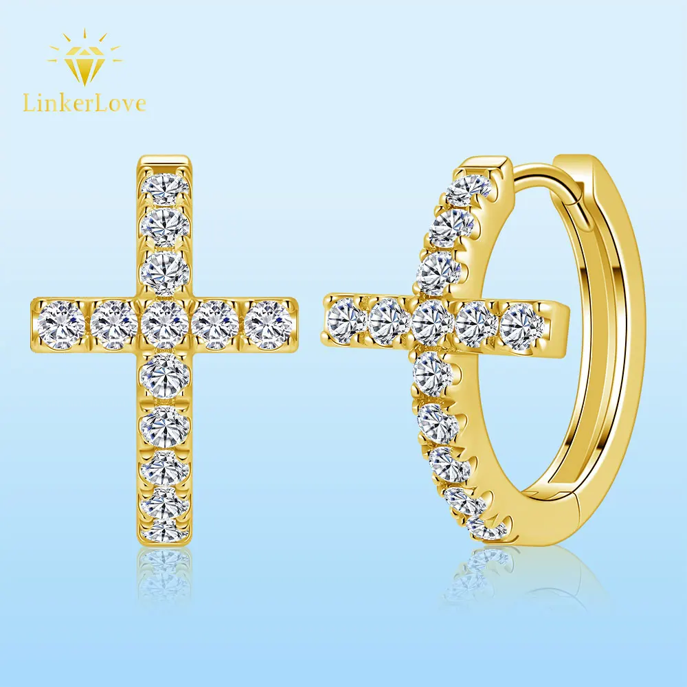 

LinkerLove Moissanite Cross Earrings S925 Silver Diamond Hoop Earrings for Women Christmas Party Gold Plated Fine Jewelry Gift