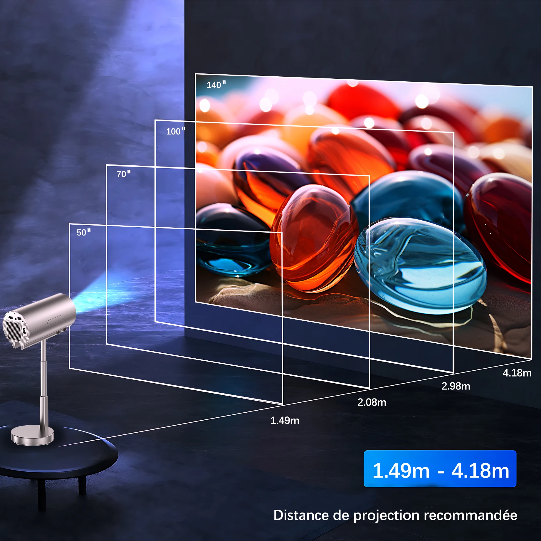 Proyector Feelwow Integrado 90 ° Ajuste del soporte Ajuste de altura Nativo 1080p Soporte 4K WiFi y Bluetooth Mini TS3