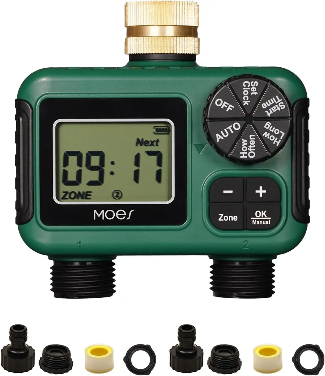 

2-Outlet Programmable Sprinkler Timer, Brass Inlet, Rain Delay & Manual Mode, 2-Zone Hose Timer for Gardens and Lawns
