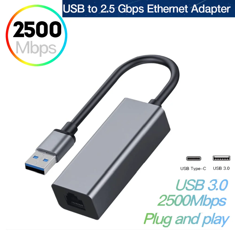 

USB3.0 To 2.5G LAN Gigabit Ethernet Adapter RTL8156B 2500/1000/100Mbps USB C to RJ45 Wired Network Card for Laptop Desktop PC