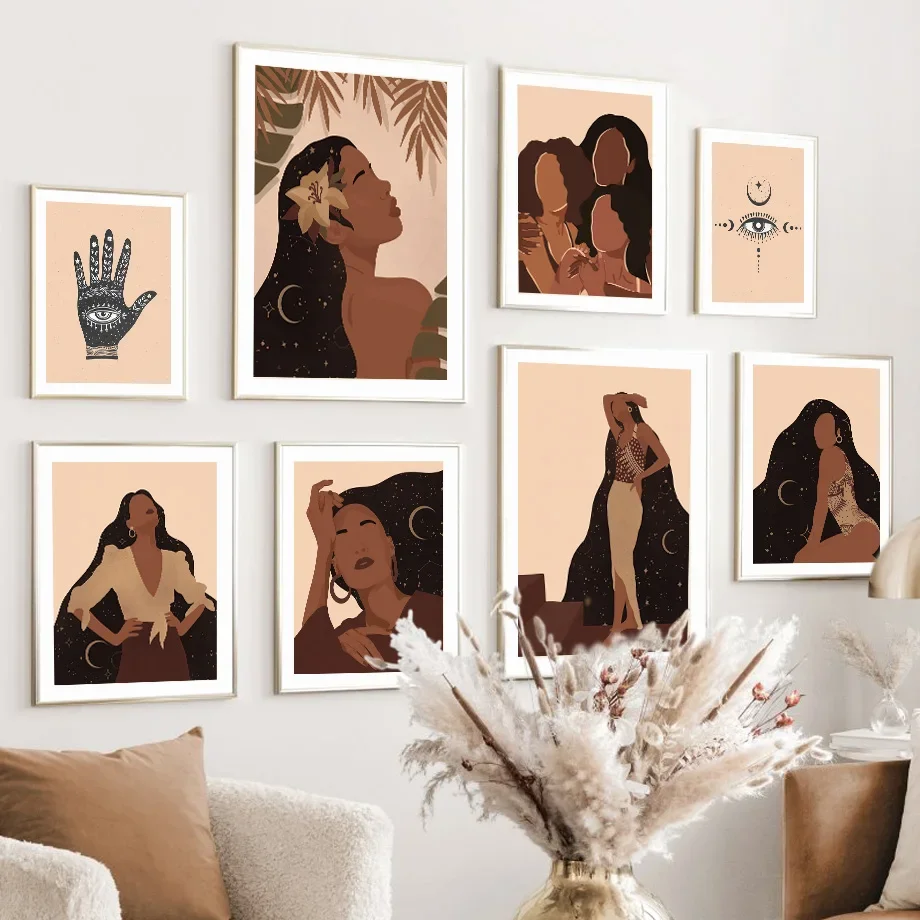 Boho Long Hair Black Woman Fashion Girl Abstract Art Posters Prints Canvas Wall Decoration Home Paintings For Living Room Decor