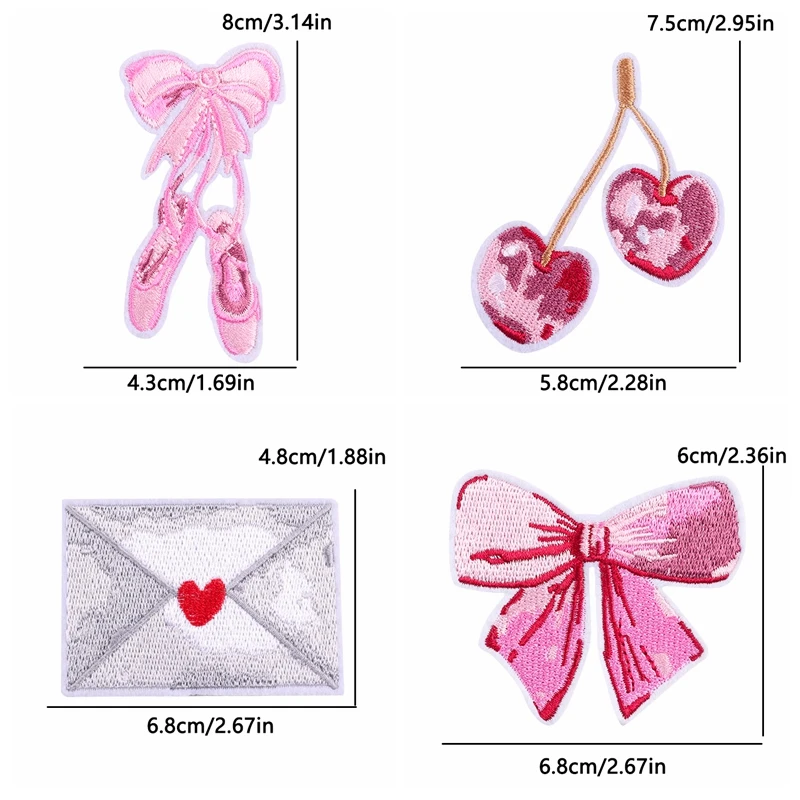 10 PCS Cartoon Pink Embroidered Patches DIY Cherry Cake Flower Butterfly Bow Iron On Patches For Clothing Thermoadhesive Patches