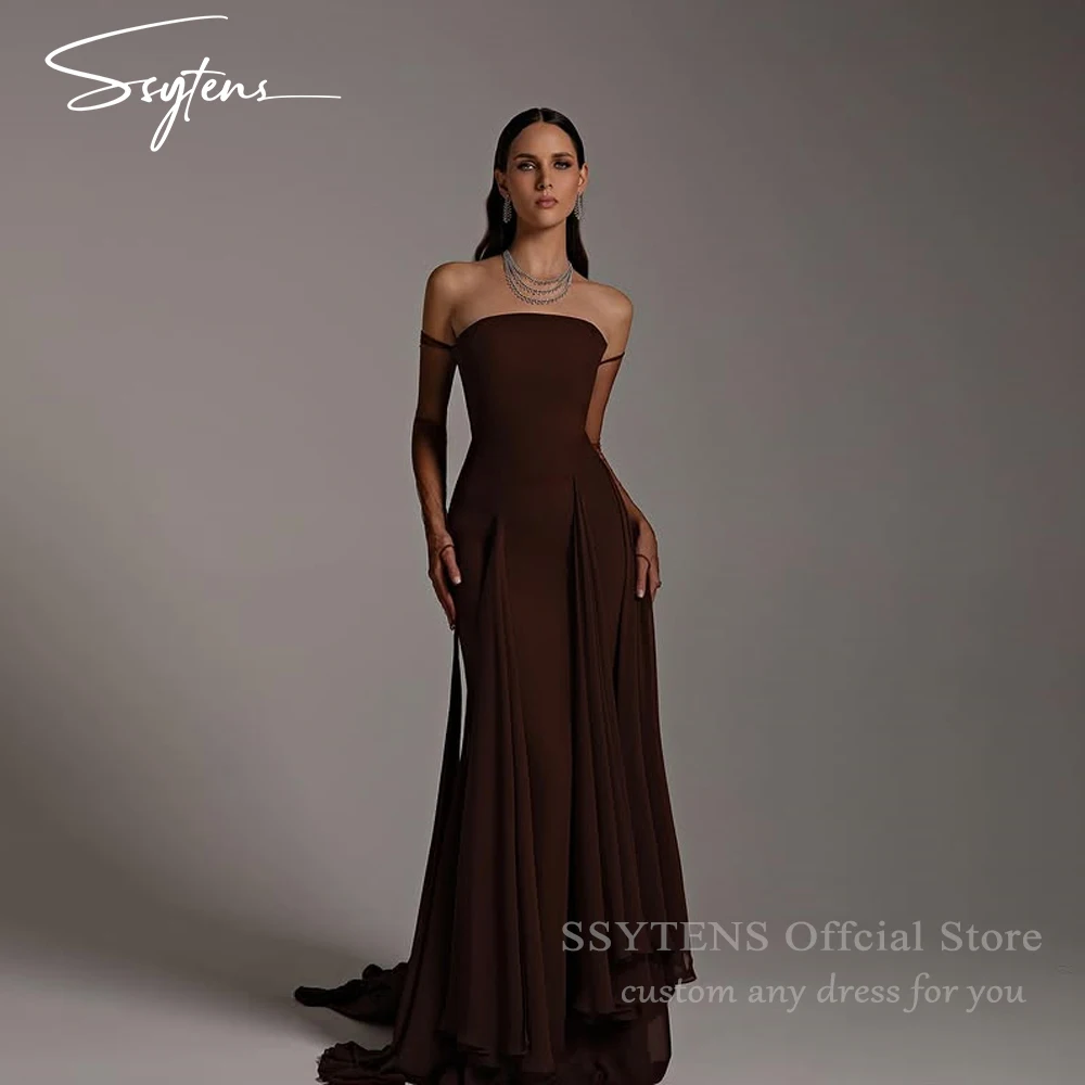 

SSYTENS Luxury Chiffon Mermaid Evening Dresses Female Off the Shoulder Sleeves Brown Prom Gowns Sets Customized Vestido De Noche