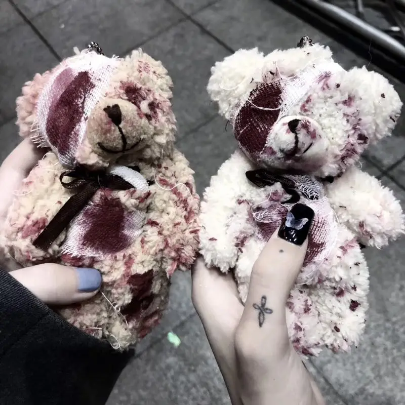 Bloody Plush Bear Pendant Keychain Injured Animal Bear for Doll Keyring for bag charms