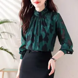 Vintage Jacquard Webhemd Frühling Herbst halbhohen Kragen pendeln Damen bekleidung stilvolle bedruckte Falten gespleißt lose Bluse