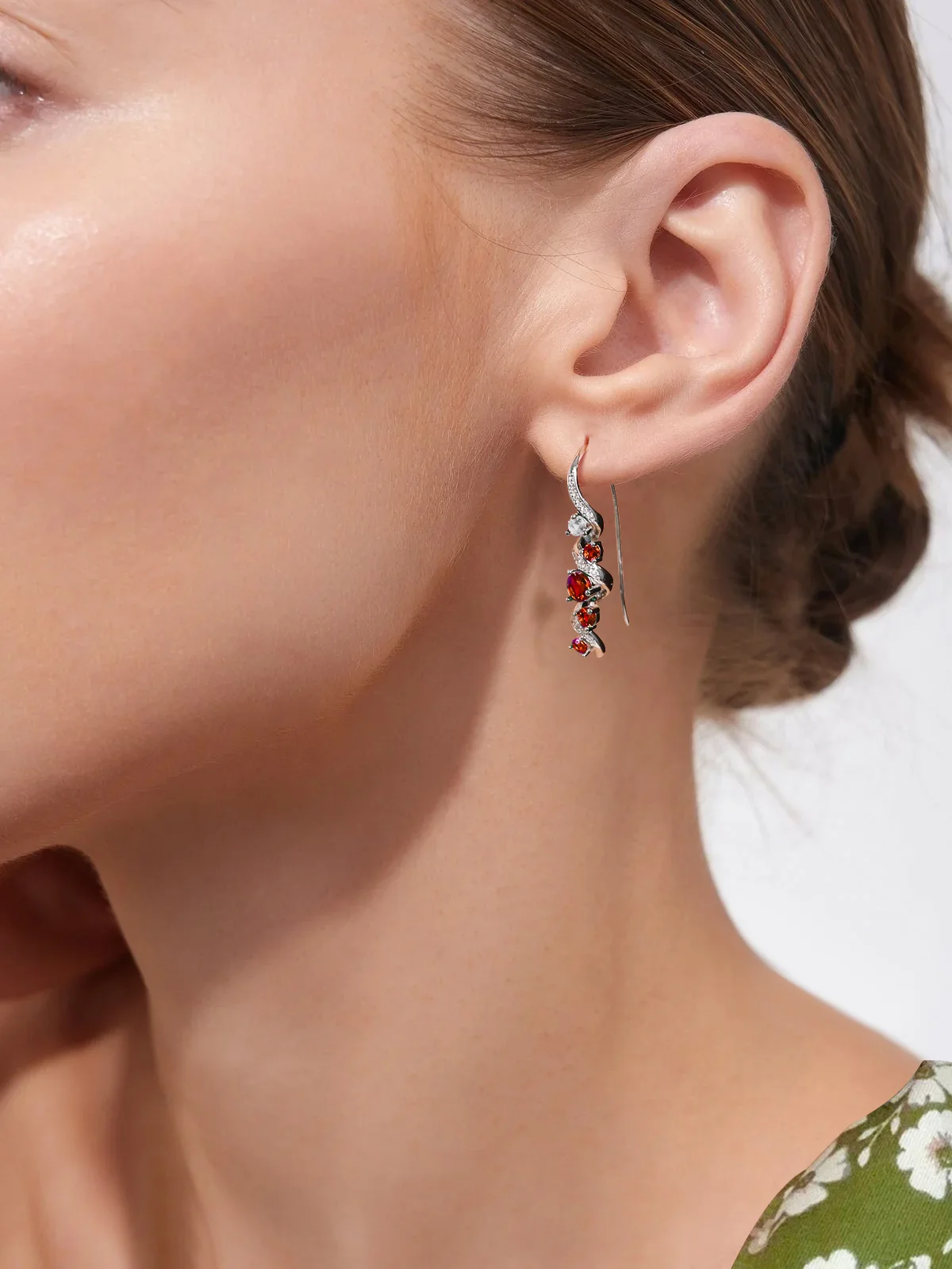 XCY Twisted Curve Dangle Earrings 925 Silver Hypoallergenic Lab-grown Ruby & Moissanite Hook Drop Earrings Wedding Party Jewelry