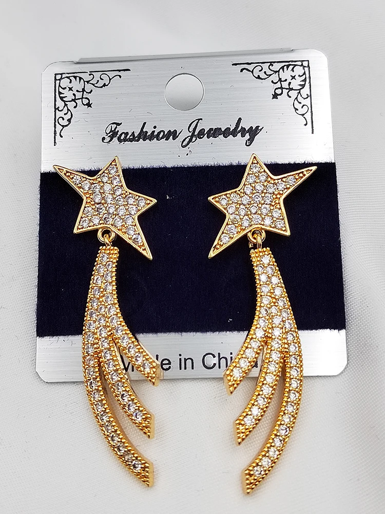 47mm*13mm = bottom 3 leaves + top  Irregular star shaged in zircon and Champagne Gold copper  in  chain earring    #5016#