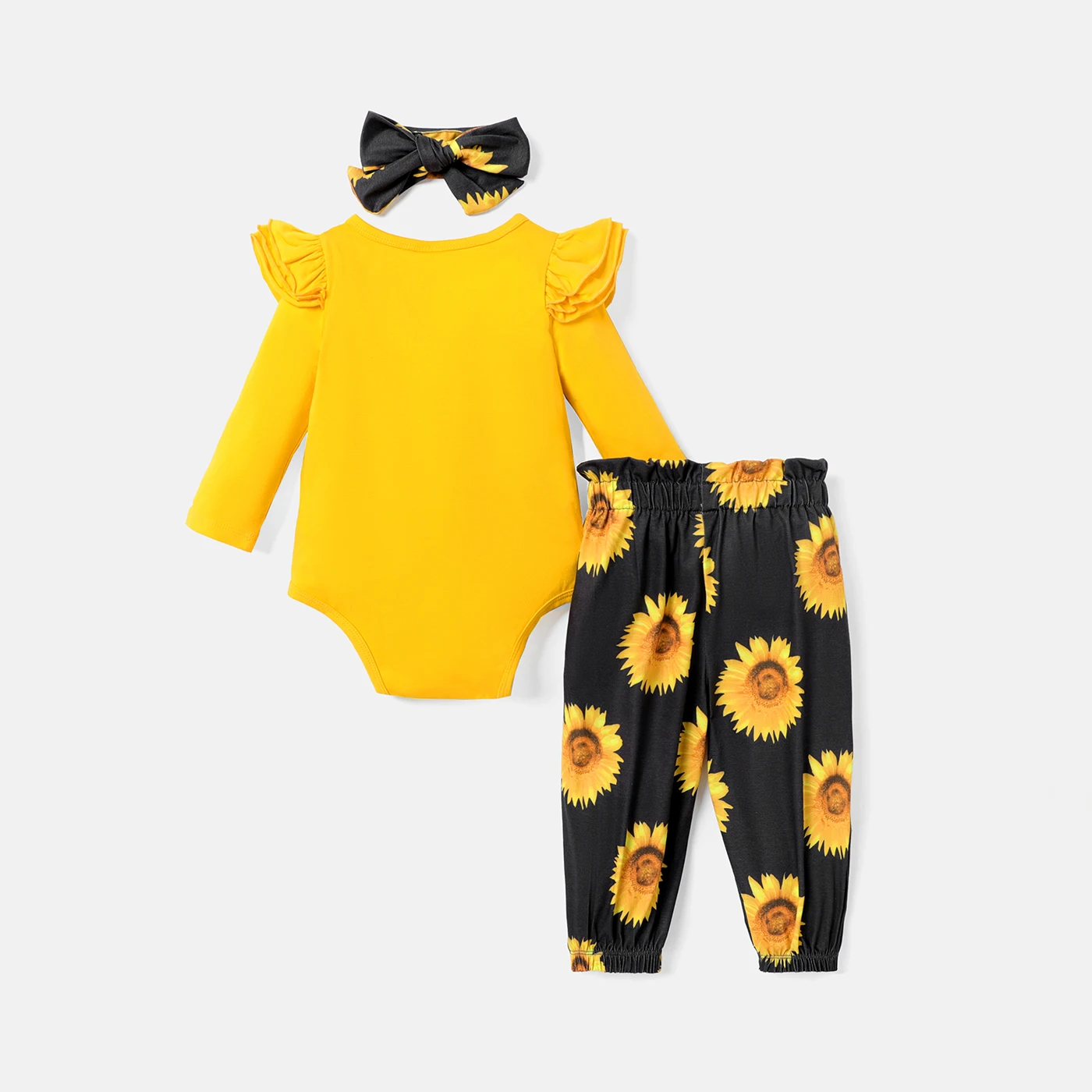 PatPat 3pcs Baby Girl Solid Ruffle Trim Long-sleeve Romper and Sunflower Print Belted Naia™ Pants & Headband Set