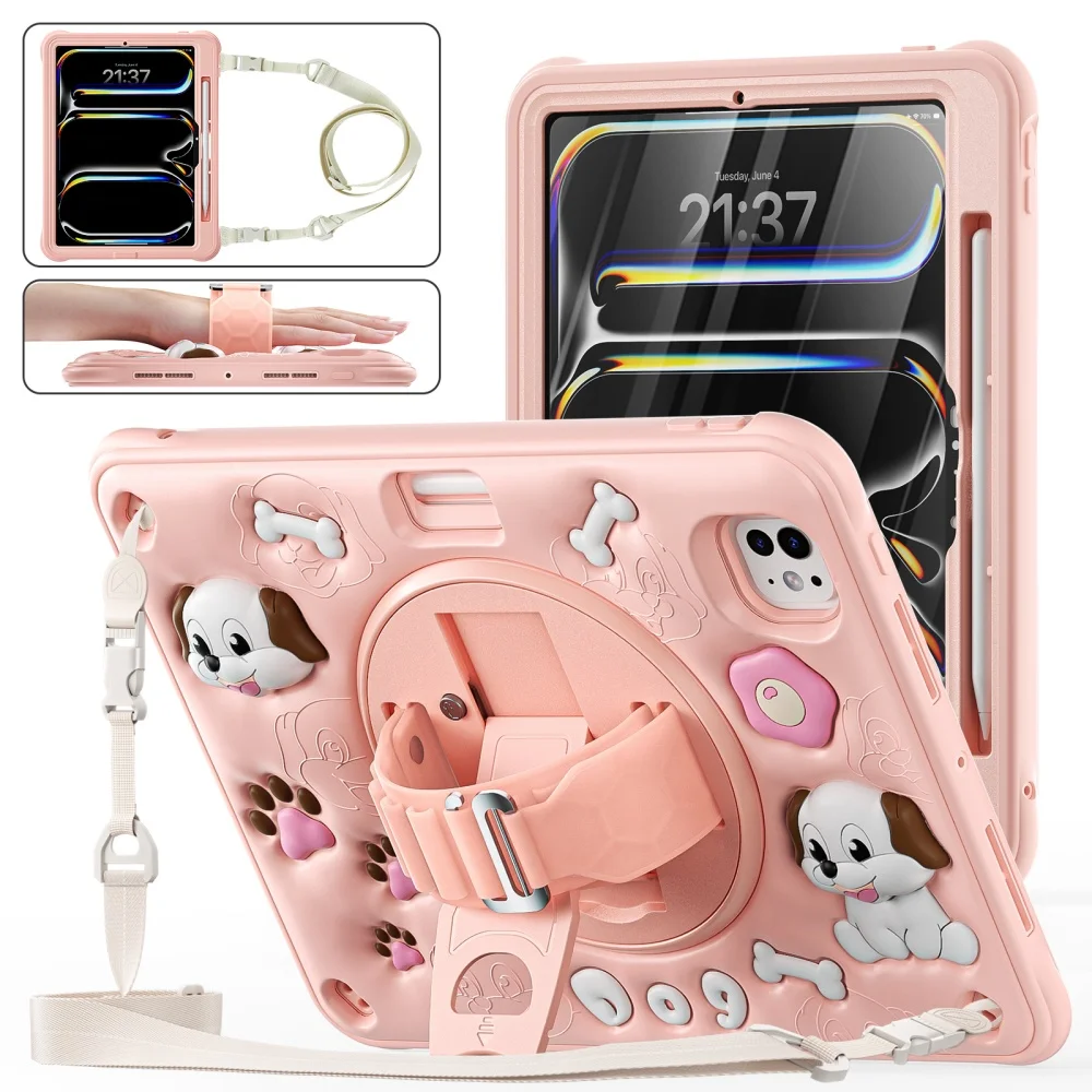 Cute Cartoon Kids Bracket Tablet Case for iPad 11th Gen A16 2025 Air11 Case for IPad10th 9/8/7th Rotation Funda Shockproof Cover