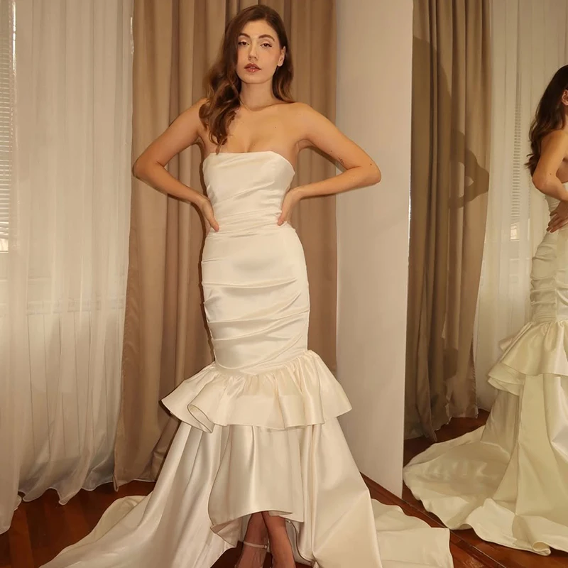 Eightree White Mermaid Wedding Dresses 2026 Strapless Ruffled Satin Evening Wedding Gowns Elegant Bridal Prom Dress Customized