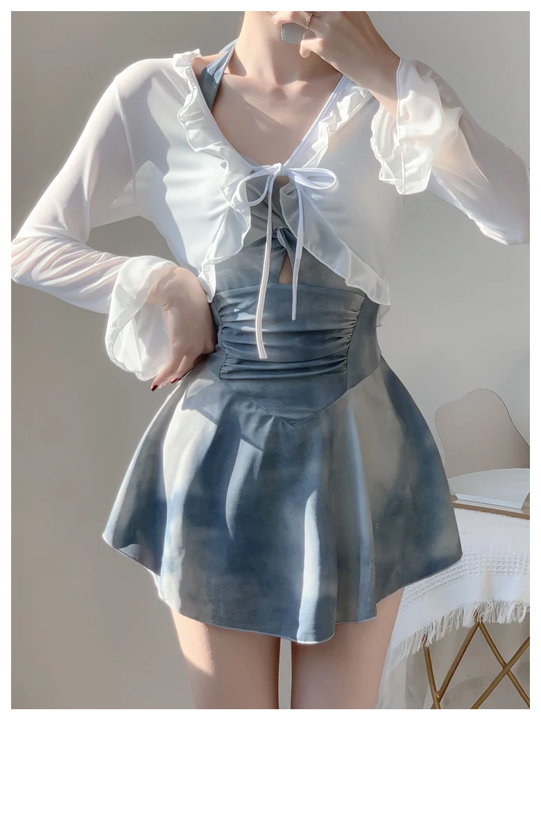 Camisa blanca de manga larga con protección solar, vestido con cuello azul teñido anudado, traje de baño de una pieza, traje de baño Sexy con cuello en V sin espalda para vacaciones en la playa