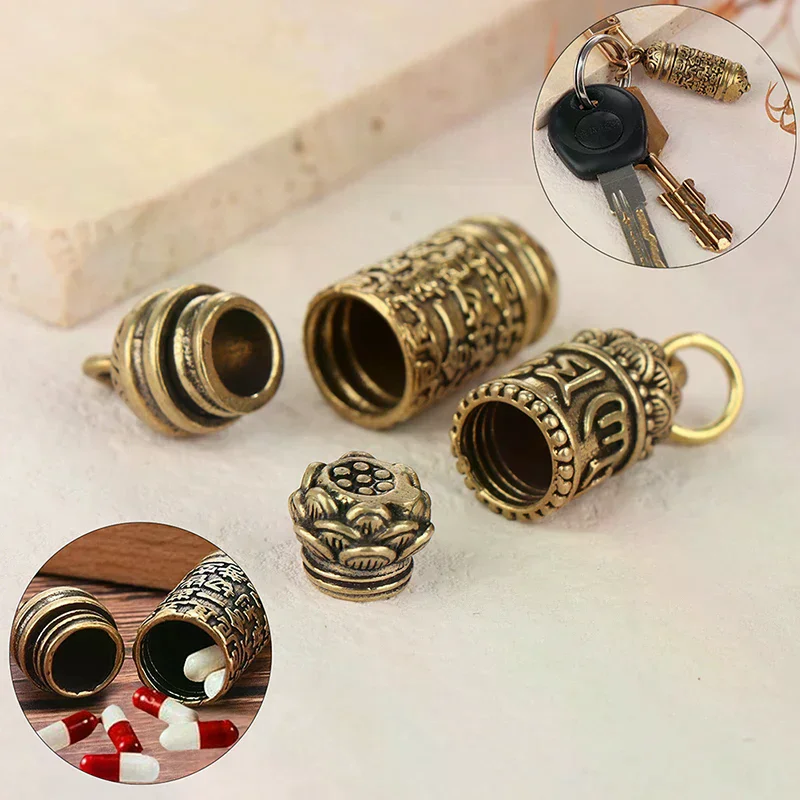 1pc Pendant Box Hollow Brass Buddha Sutra Cylinder Keychain Handmade Vintage Pill Container Bottle For Home Use
