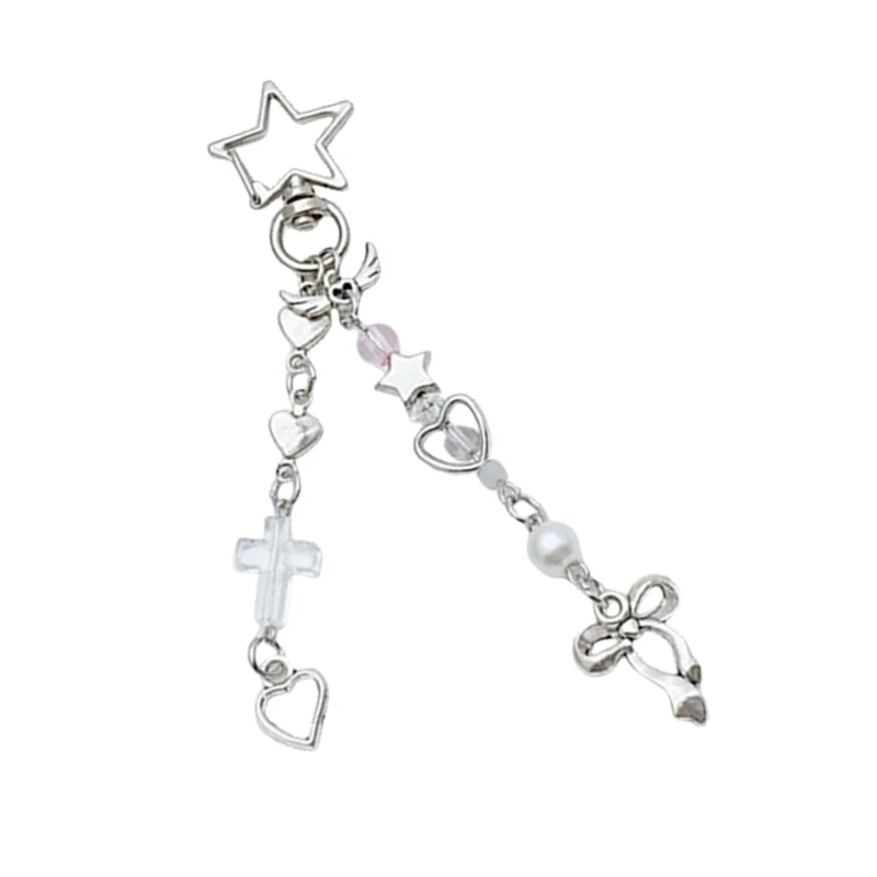 Trendy Bead Charm Key Ring Accessory Eccentric Beaded Key Chain Ornament with Heart Wing Crosses Detailing Accent