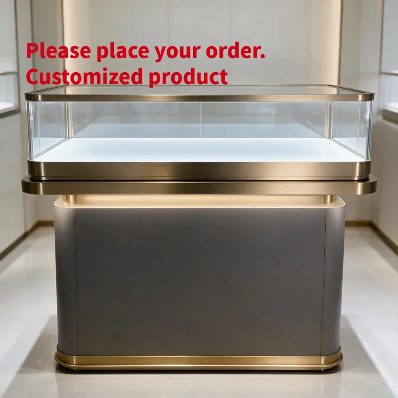 custom.Luxury Jewelry Display Showcase Tempered Glass Vitrine Brushed Gold Frame LED Backlit Base Dark Matte Pedestal Count
