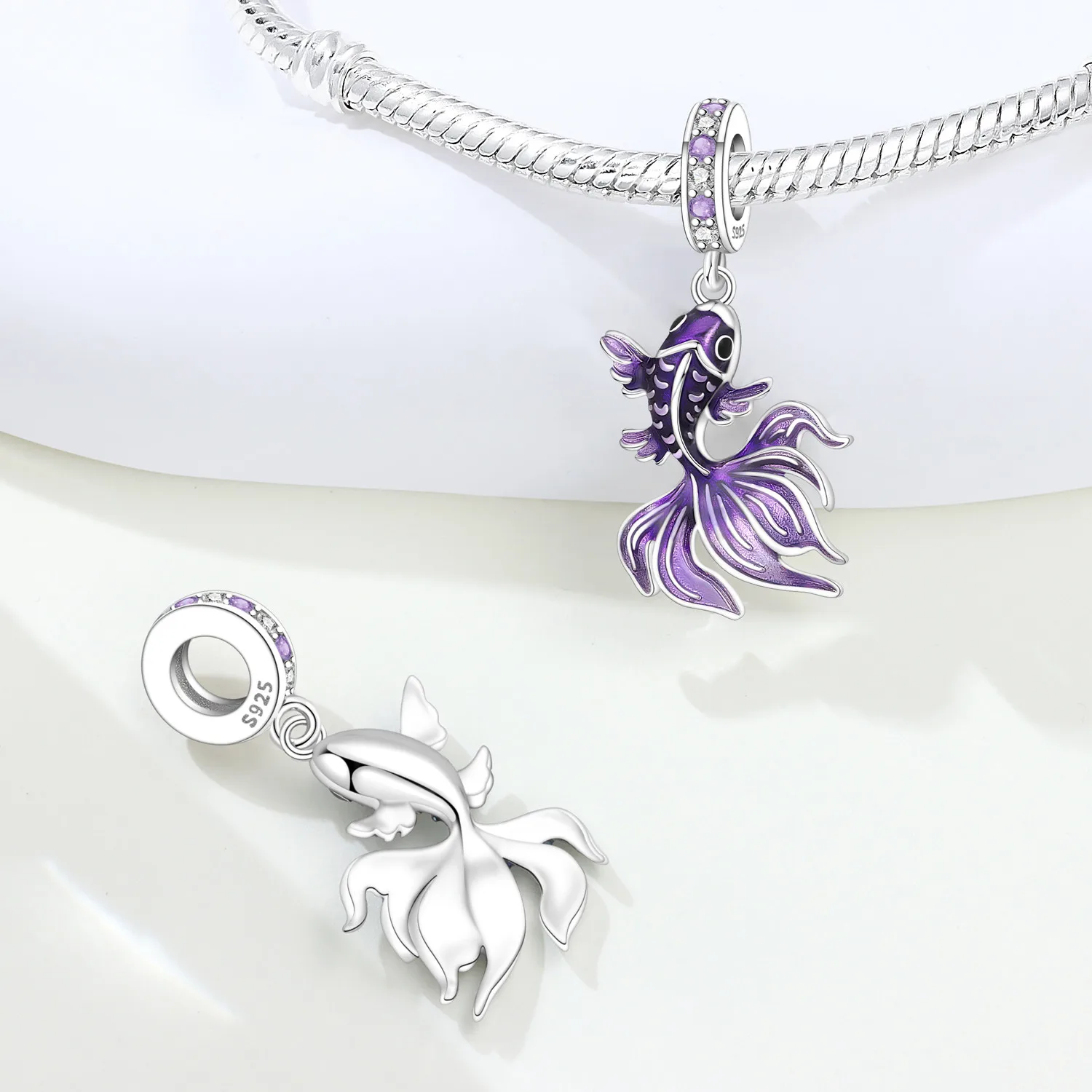 925 Sterling Silver Charm Marine Life Exquisite Purple Pink Blue Fighting Fish Pendant Fit Original DIY Jewelry Making Women Gif