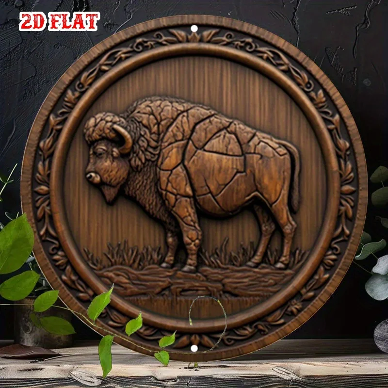 2D Flat - A Single Piece of 2D Flat Vintage Metal Artwork Showcasing a Wooden Carving of a Strong American Bison Within a Circ