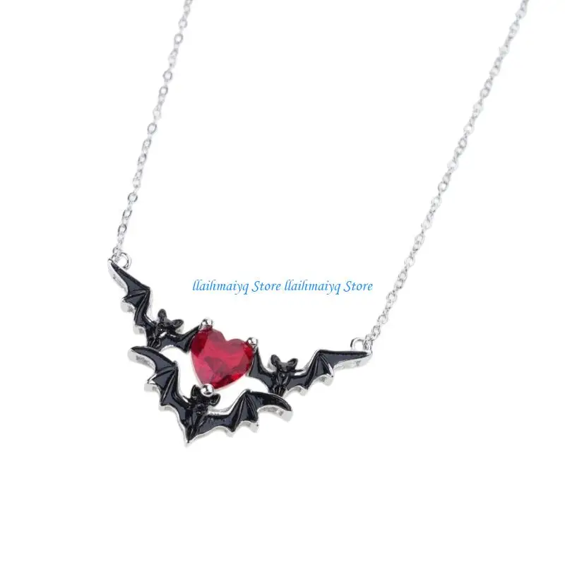 573B Dark Bat And Heart Necklace For Women Men Gothic Couple Jewelry Unique Design Clavicle Chain 41cm 50cm