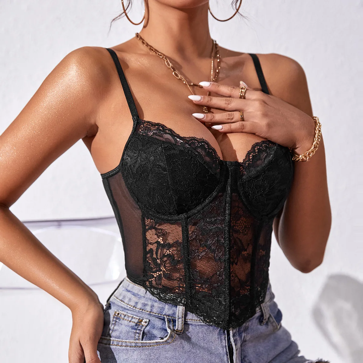 Vemina Sexy Vneck Lace Embroidery Hollow Out Spaghetti Strap Slim Crop Top,Sheer Halter Backless Camisole Vest Fishbone Corset