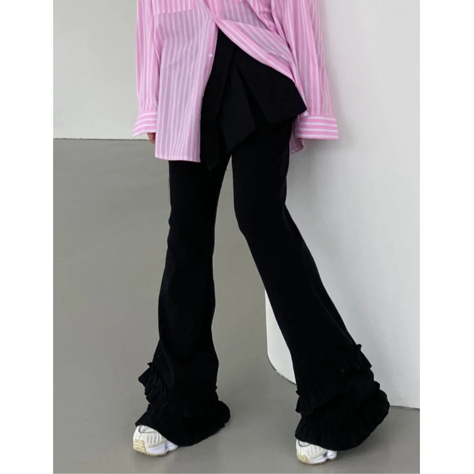 Casual Slim Fit Flared Pants with Ruffle Hem Versatile Wide Leg Trousers for Women Elegant Chic Original Style Pure Color