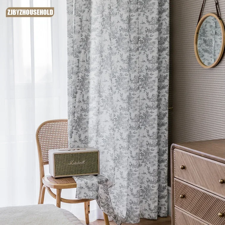 

French Retro Curtains for Living Room Bedroom Gray Ink Cotton and Linen Printed